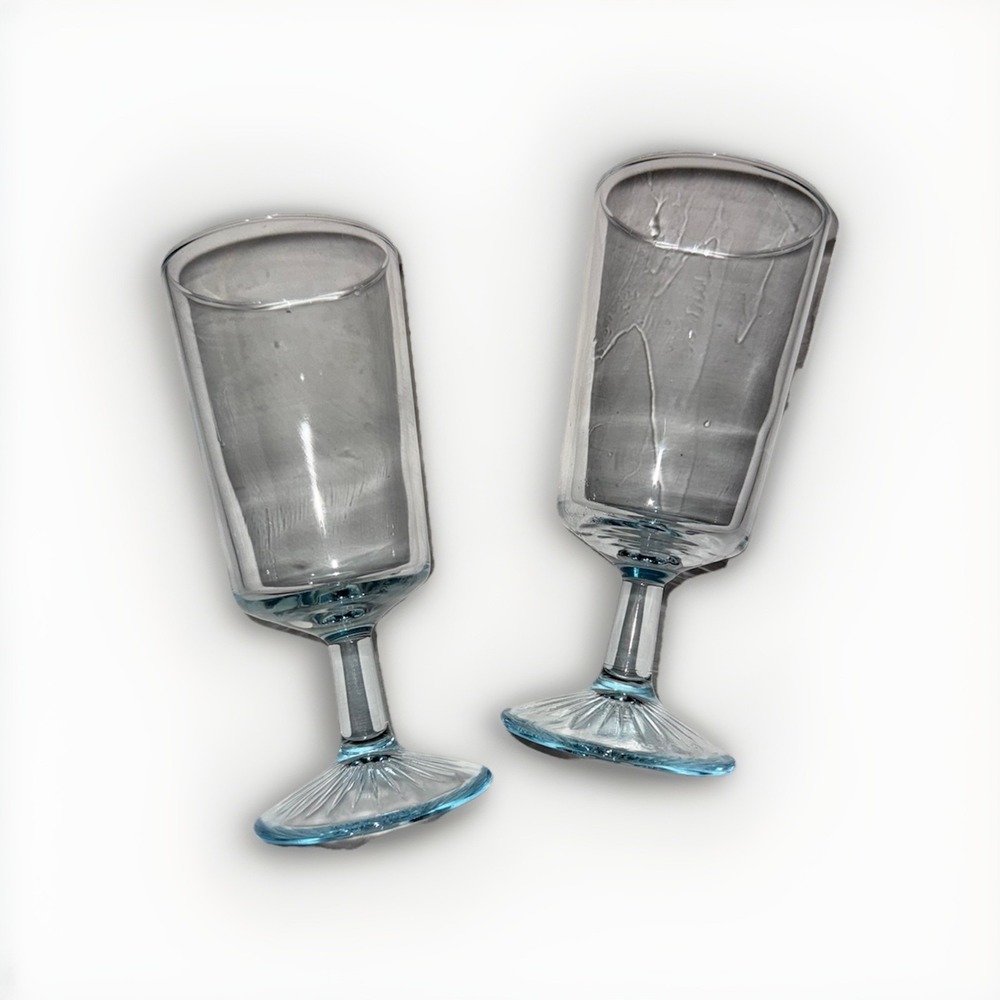 Light Blue Tinted Glass Goblets Set of 2 Sunburst Ribbed Footed Base Stemware